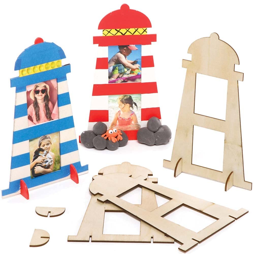 Baker Ross FE315 Lighthouse Wooden Photo Frames - Pack of 4, Make Your Own Picture Frames for Kids to Decorate and Display