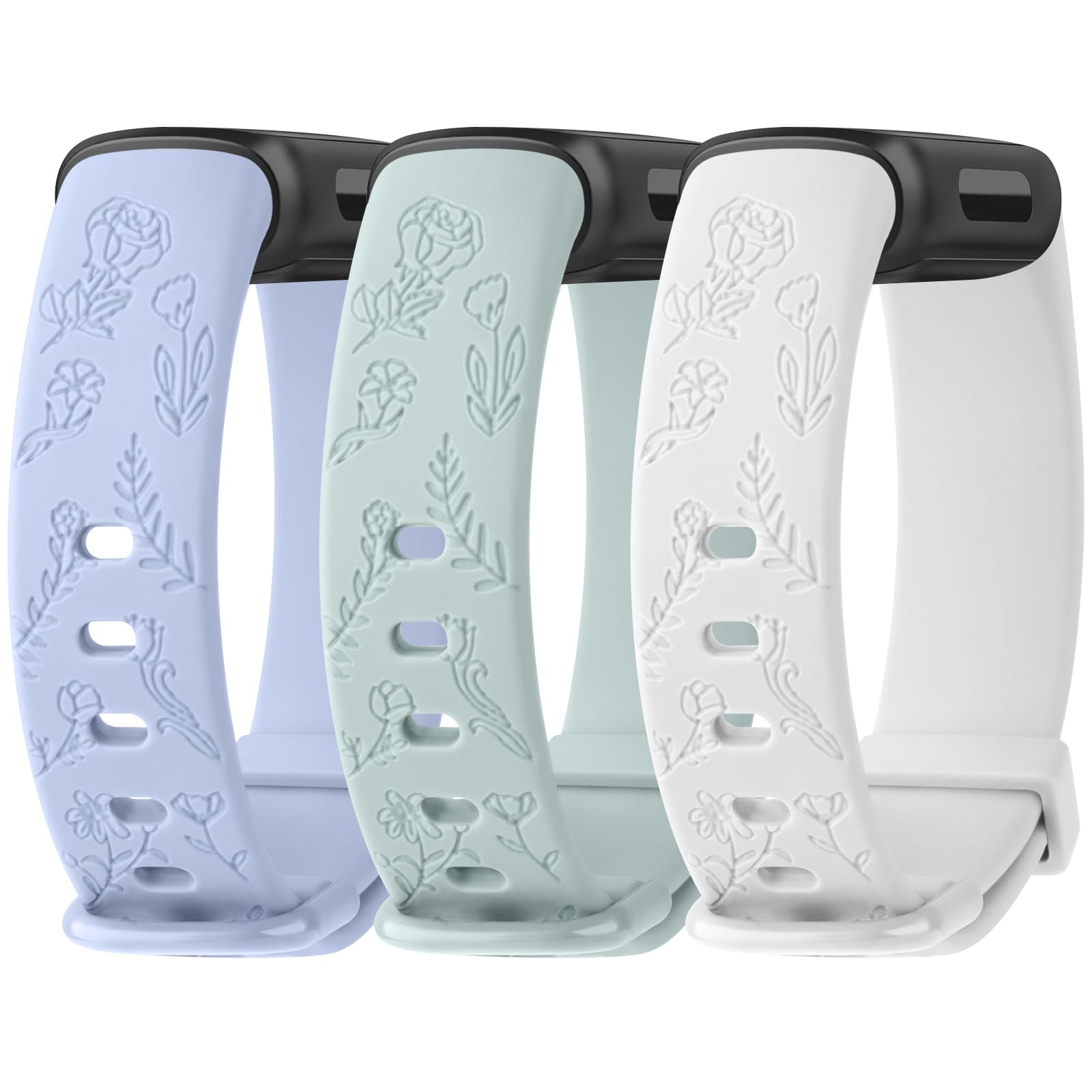 Tobfit Flower Pattern Strap compatible for Fitbit Inspire 3 Straps for Women Men, Fashionable Soft Silicone Engraved Replacement Straps Watchband for Inspire 3 (White/Nude blue/Nude green)