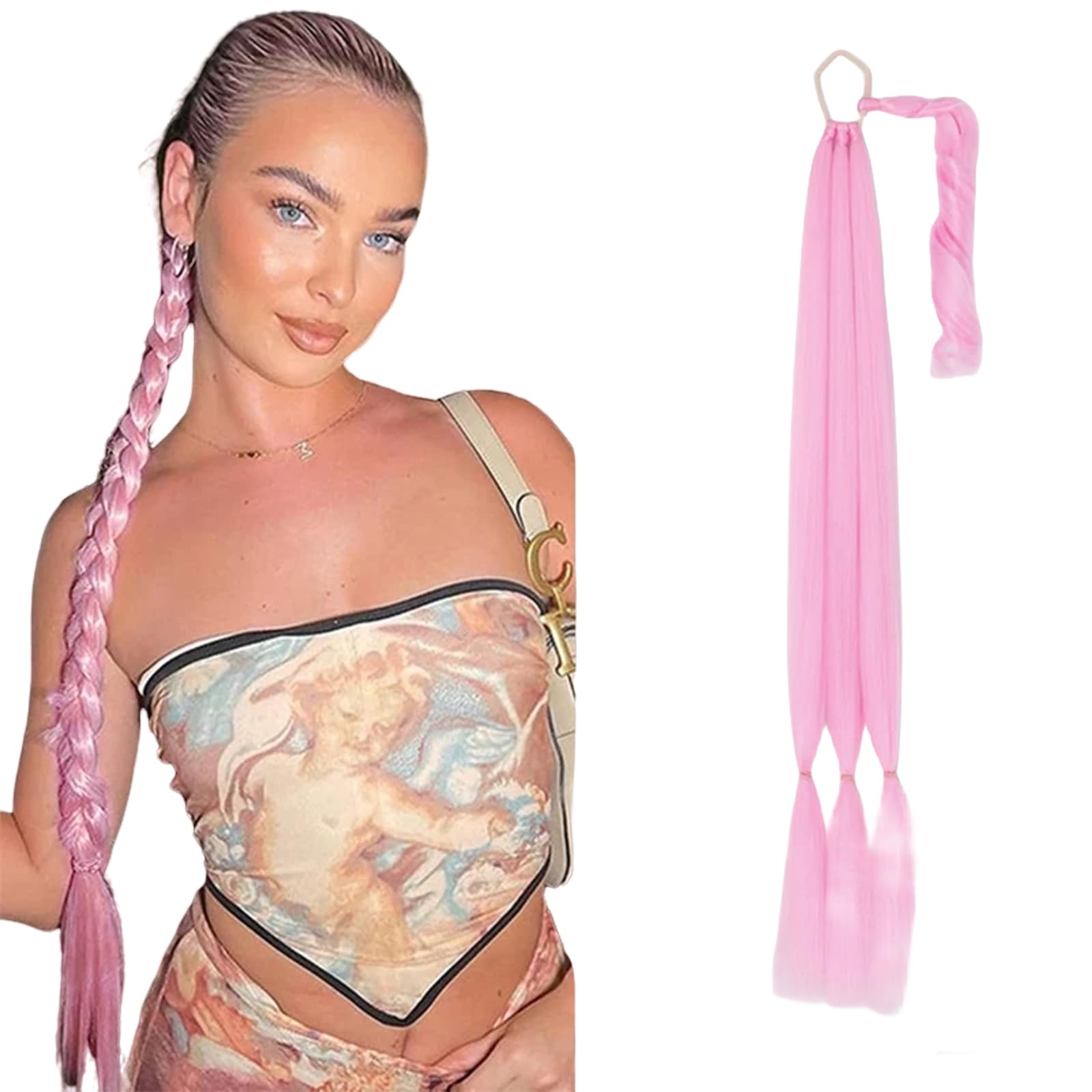 32" Long Braid Ponytail Hair extensions Wrap Around Pony Hair Pieces Drawstring Ponytail Clip In Braiding Pony Hairpiece for women girls (pink, 32INCH/80cm)