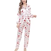 SHENHE Women's Satin Pajamas Set Button Down Long Sleeve Cherry Bow Pjs Silky Pants Loungewear