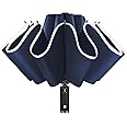 Lejorain Compact Inverted Reflective Umbrella - Automatic Folding Reverse LED Umbrella Travel Windproof Umbrellas for Rain