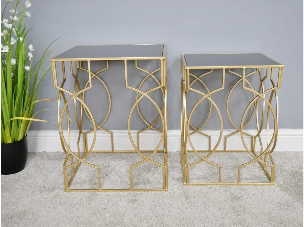 DOWNTON INTERIORS Set of 2 Modern Geometric Gold Metal Black Glass Nest