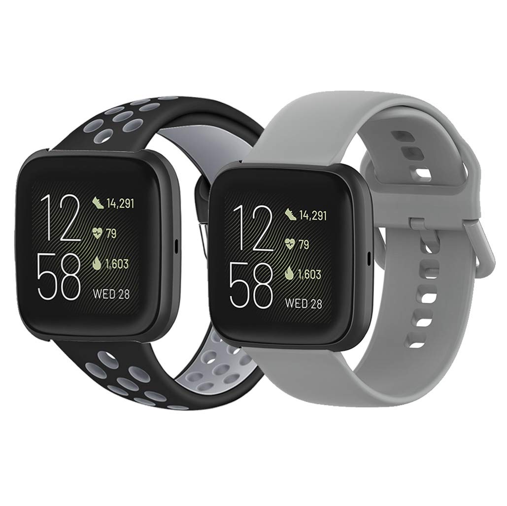 TurnTurn Watch Strap for Fitbit Versa/Versa 2/Versa Lite, Soft Silicone Sport Watch Band Breathable Replacement Wristband for Men & Women Black/Grey+Grey