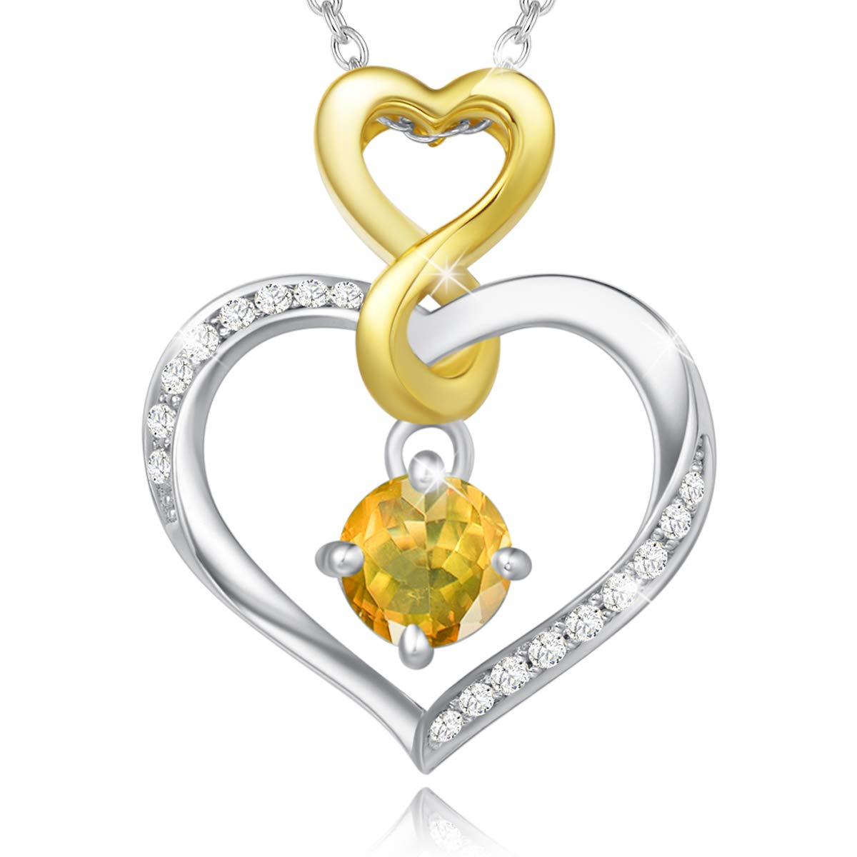 AGVANA Love Heart Women Necklace With Natural Citrine Gemstone Pendant Birthstone Gift Made of 925 Sterling Silver Necklace for Women Girls with Gift Box, Chain Length 40 + 5 cm