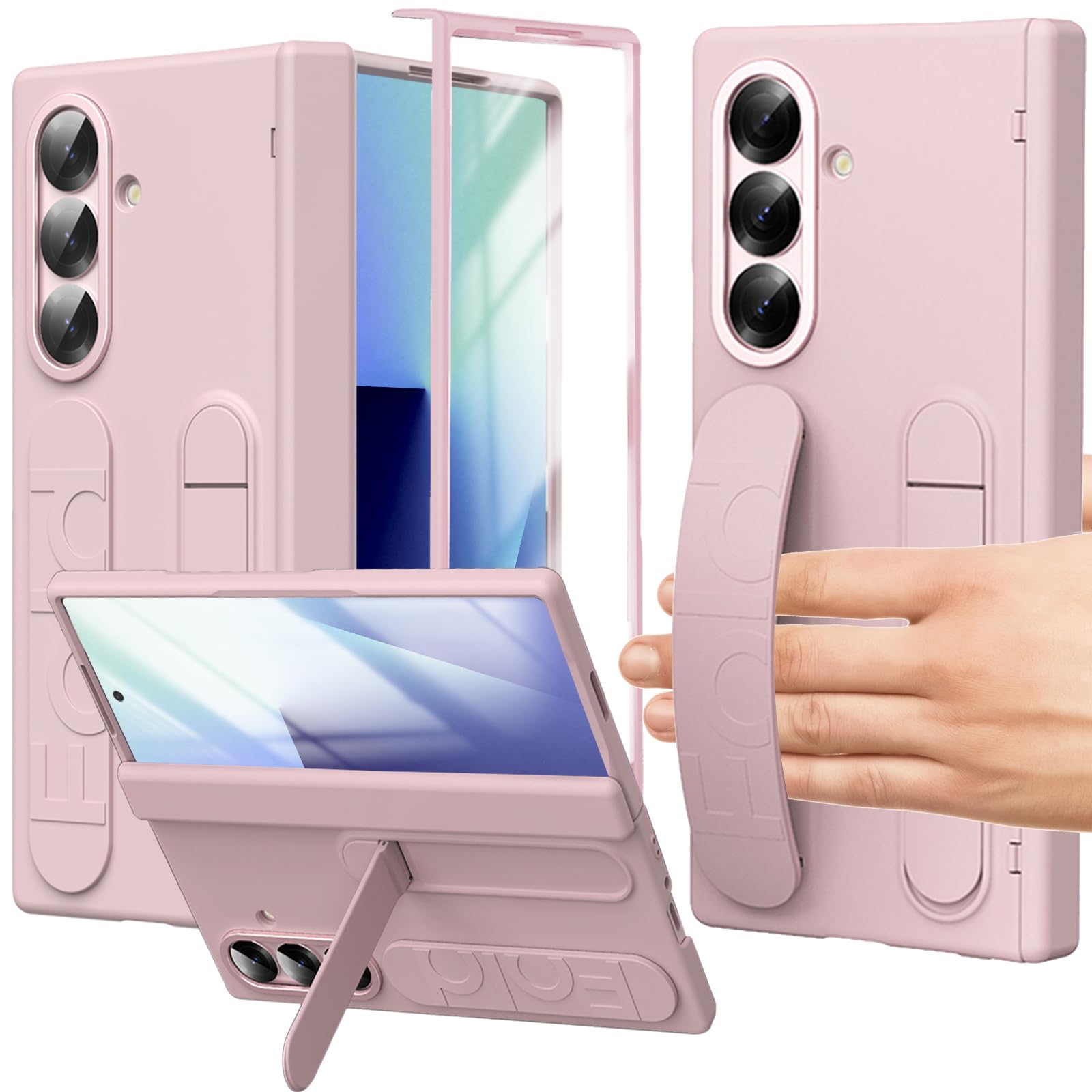 Photo 1 of YQODSZ Wrist Strap for Samsung Galaxy Z Fold 7 Case, Finger Strap Full-Body Case with Kickstand Hinge Protection HD Screen Protector Raised Edge Protection Anti-Scratch Stand Cover for Z Fold 7 Pink