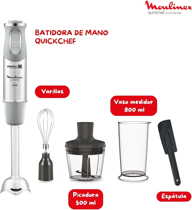 Quickchef, Liquidificador manual + Espátula, Pé de metal, 1000 W, 10 velocidades, Lâminas Powelix, picador de 500 ml, copo medidor de 800 ml, DD655DES Cinza