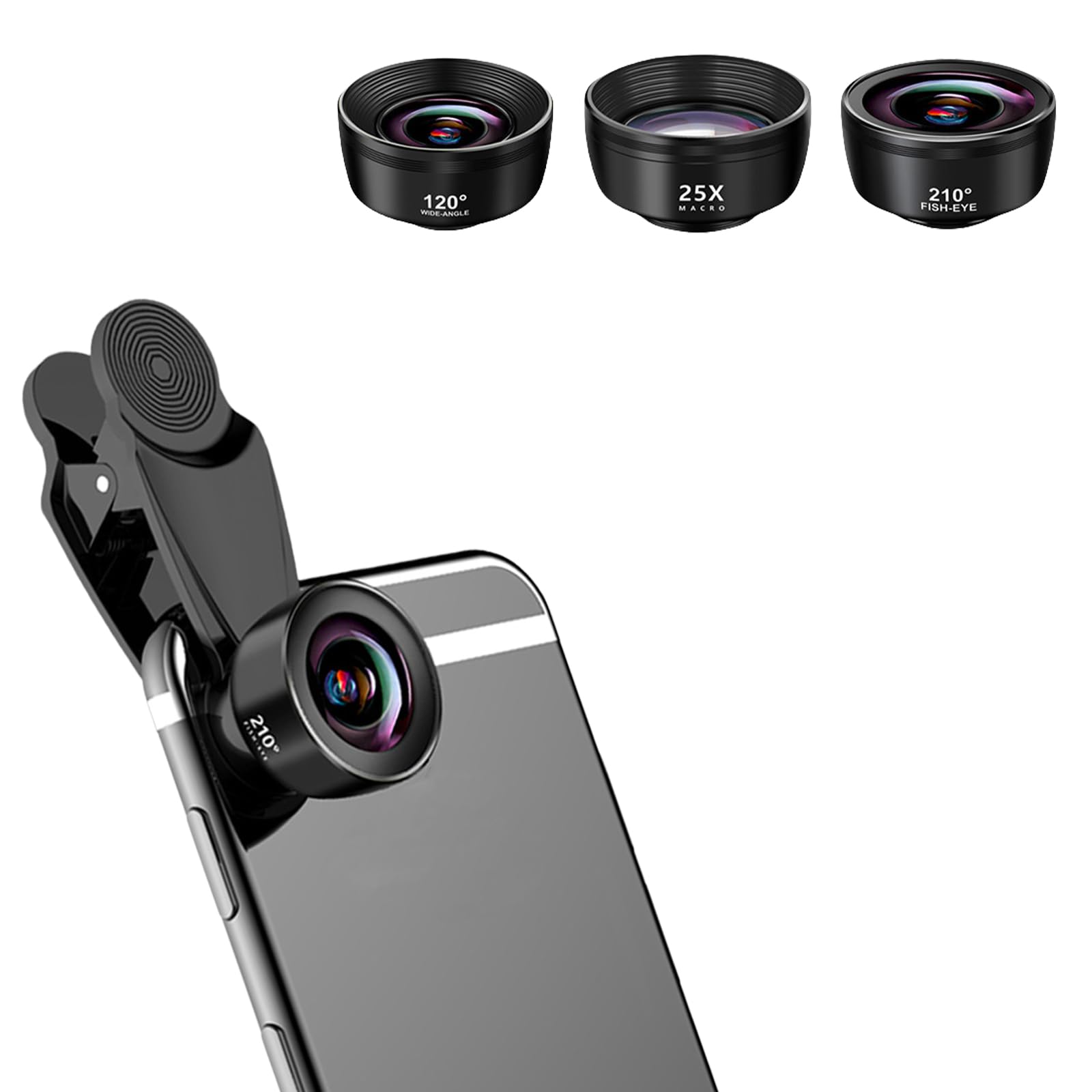 Kakotopa 3-in-1 High Definition Mobile Phone Camera Lens Kit - 120° Wide-Angle, 25X Macro, 210° Fisheye Lenses - Compatible with iPhone/Android/Cellphone and Tablet