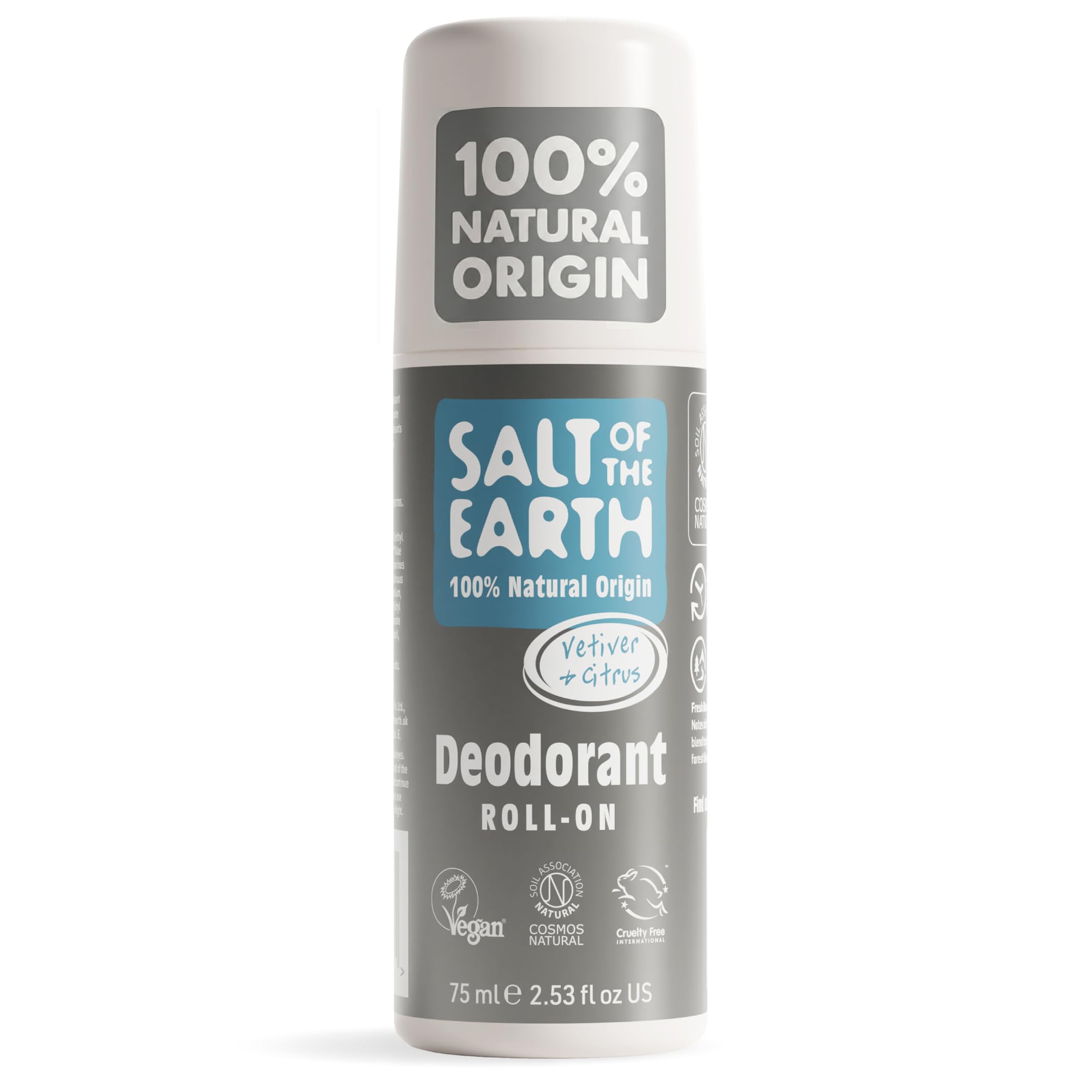 Salt of the Earth - Natural Deodorant Roll On for Men - Certified 100% Natural Origin Ingredients - Vegan, Long Lasting Protection, Leaping Bunny Approved - Made in the UK - Vetiver & Citrus - 75ml