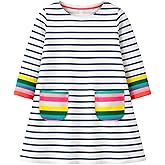 HILEELANG Toddler Girl Long Sleeve Dress Stripe Rainbow Christmas Cotton Casual Tunic Playwear Basic Shirt Party Dresses