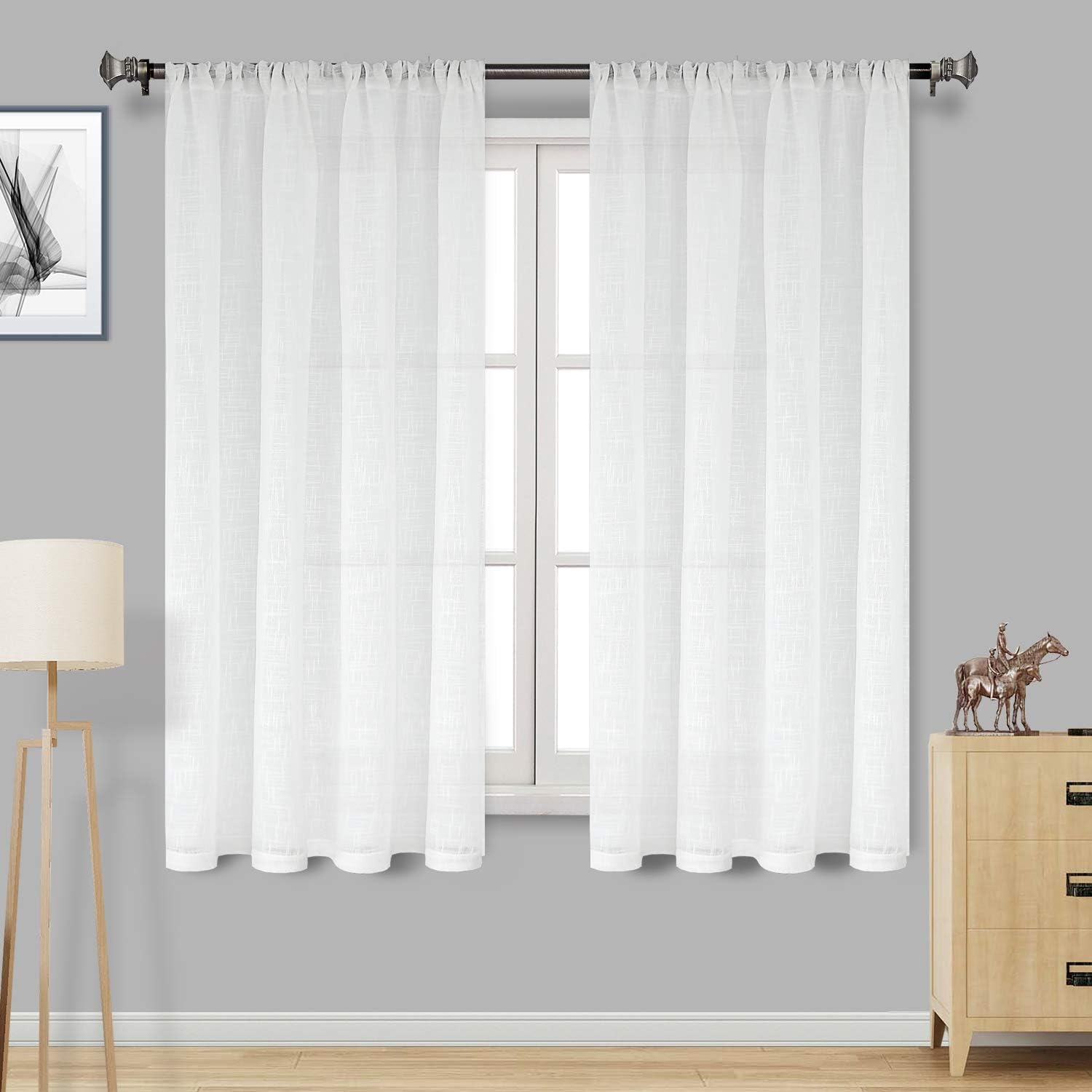 DWCN White Faux Linen Sheer Curtains - Textured Semi Voile Bedroom and Living Room Curtains, Set of 2 Rod Pocket Curtain Panels, 52 x 63 Inch Length