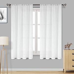 DWCN White Faux Linen Sheer Curtains - Textured Semi Voile Bedroom and Living Room Curtains, Set of 2 Rod Pocket Curtain Panels, 52 x 63 Inch Length