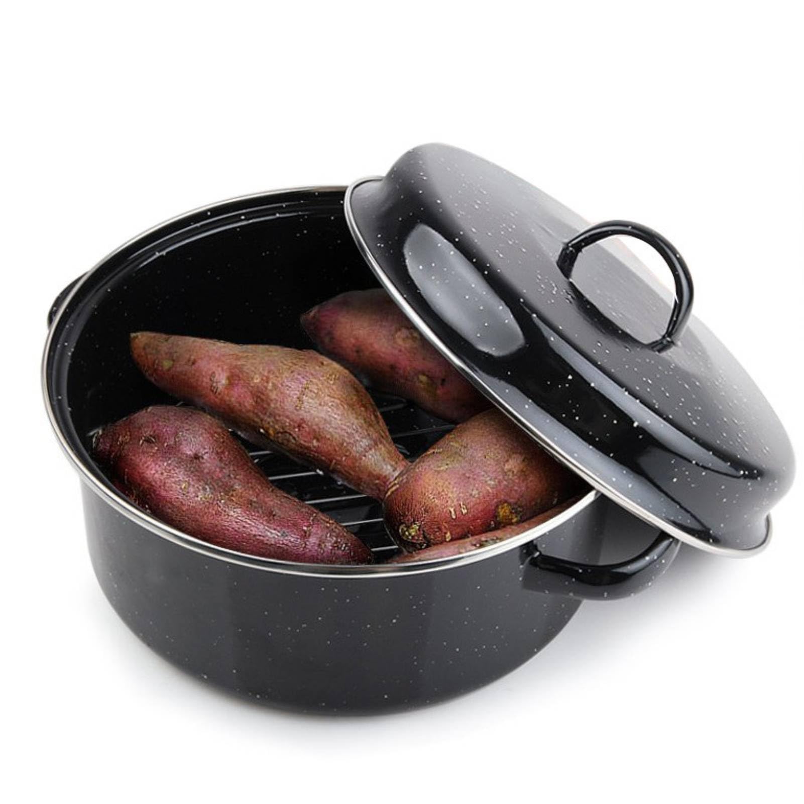 Roasting Pan with Lid, Oval Black Covered Oval Roaster Pan with Lid Enamel Roaster with Roaster Rack Enamel on Steel Roasting Pan Small Cookware for Turkey, Small Chicken, Roast Baking Pan(28CM)
