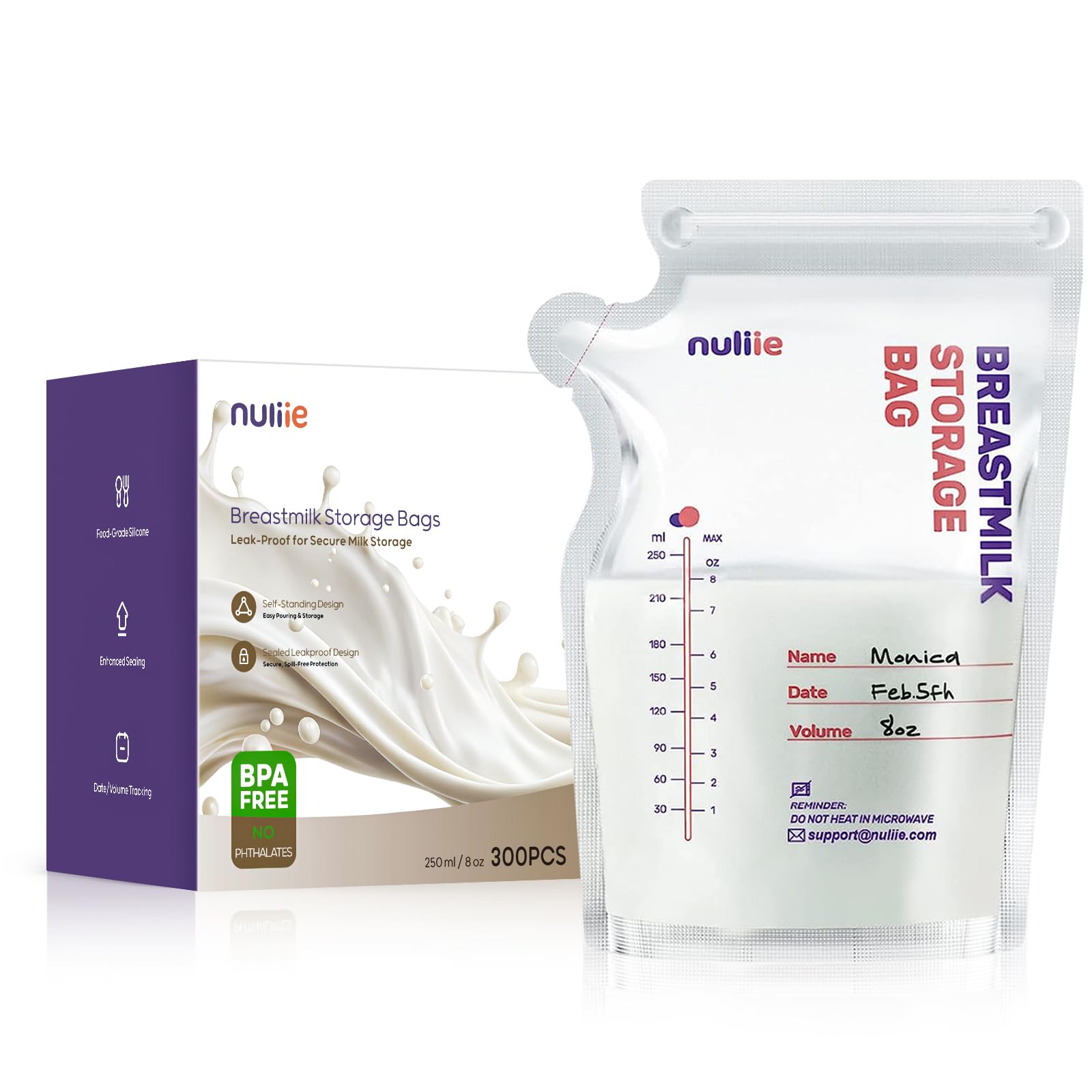 Nuliie 300 Pcs Breast Milk Storage Bags, 250ml BPA Free Milk Storage Bags with Pour Spout for Breastfeeding, Self-Standing or Flat Pre-sterilised Bag, Space Saving for Fridge or Freezer Use