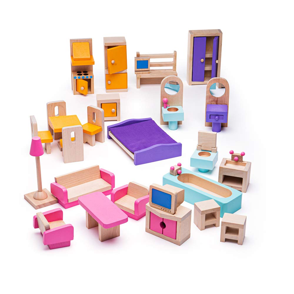 Bigjigs Toys Heritage Playset Doll House Furniture | Set of 27 Mini Wooden Accessories | Toy Living Room, Kitchen, Bathroom & Bedroom Figures for Dolls | Role Play Gifts for 3+ Year Old Girls & Boys