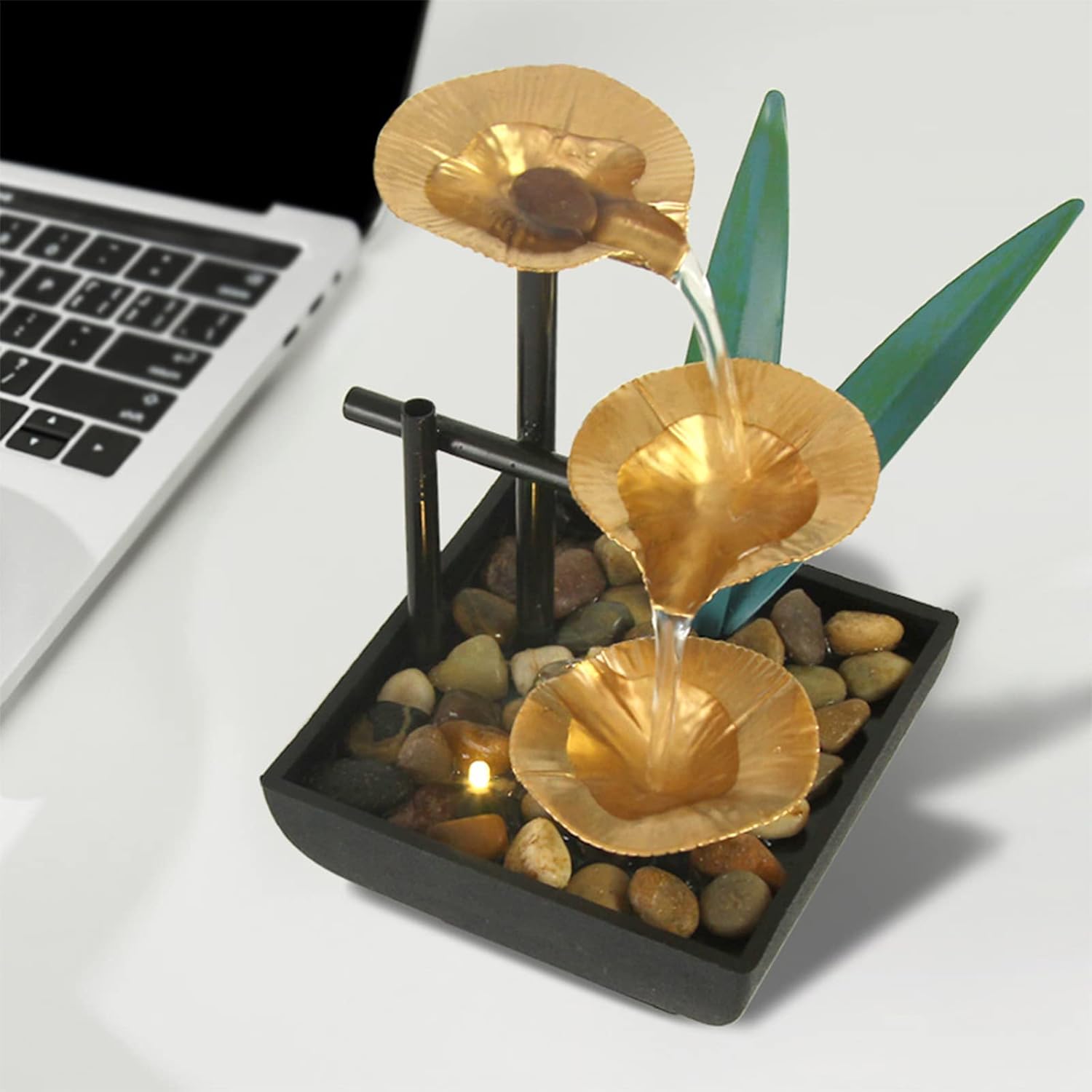 Indoor Fountains & Accessories - Indoor Tabletop Water Fountain, 3 Tier Lotus Leaf Desktop Fountain with ON/Off Switch and Natural River Rocks, Zen Relaxation for Office Living Room Bedroom Décor (A)