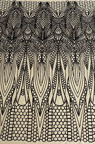 Black Sequins on Beige Netting Embroidery Fabric Show/evening/stage 51'' Fashion Dress Fabric Sales By the Yard