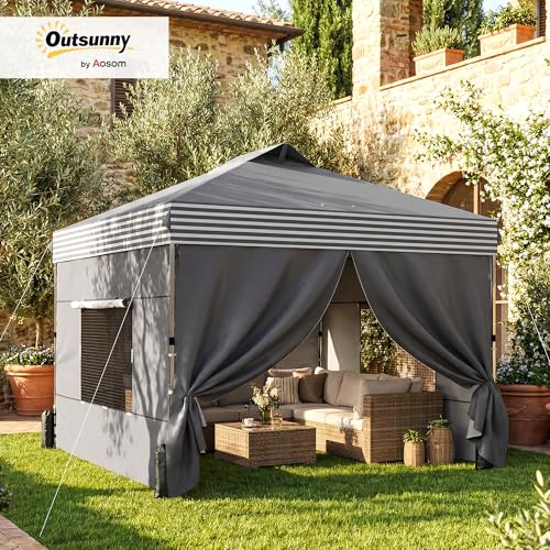Outsunny 10 x 10 ft Pop Up Canopy Tent with 4 Sidewalls, UPF 50+ Easy 1-Button Push Setup Outdoor Instant Shelter Portable with Wheeled Carry Bag, 4 Sandbags, Dark Grey