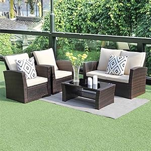 Wisteria Lane 4 Piece Outdoor Patio Furniture Sets, Wicker Conversation Set for Porch Deck, Brown Rattan Sofa Chair with…