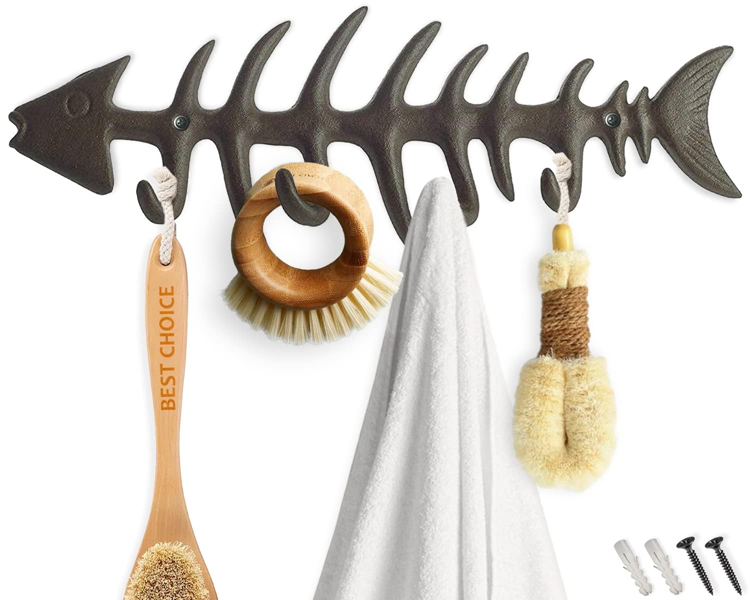 Comfify Decorative Fish Bones Wall Mount Towel Rack Stylish Cast Iron Hanger w/ 4 "Fish Hooks | Includes Screws and Anchors | in Rust Brown