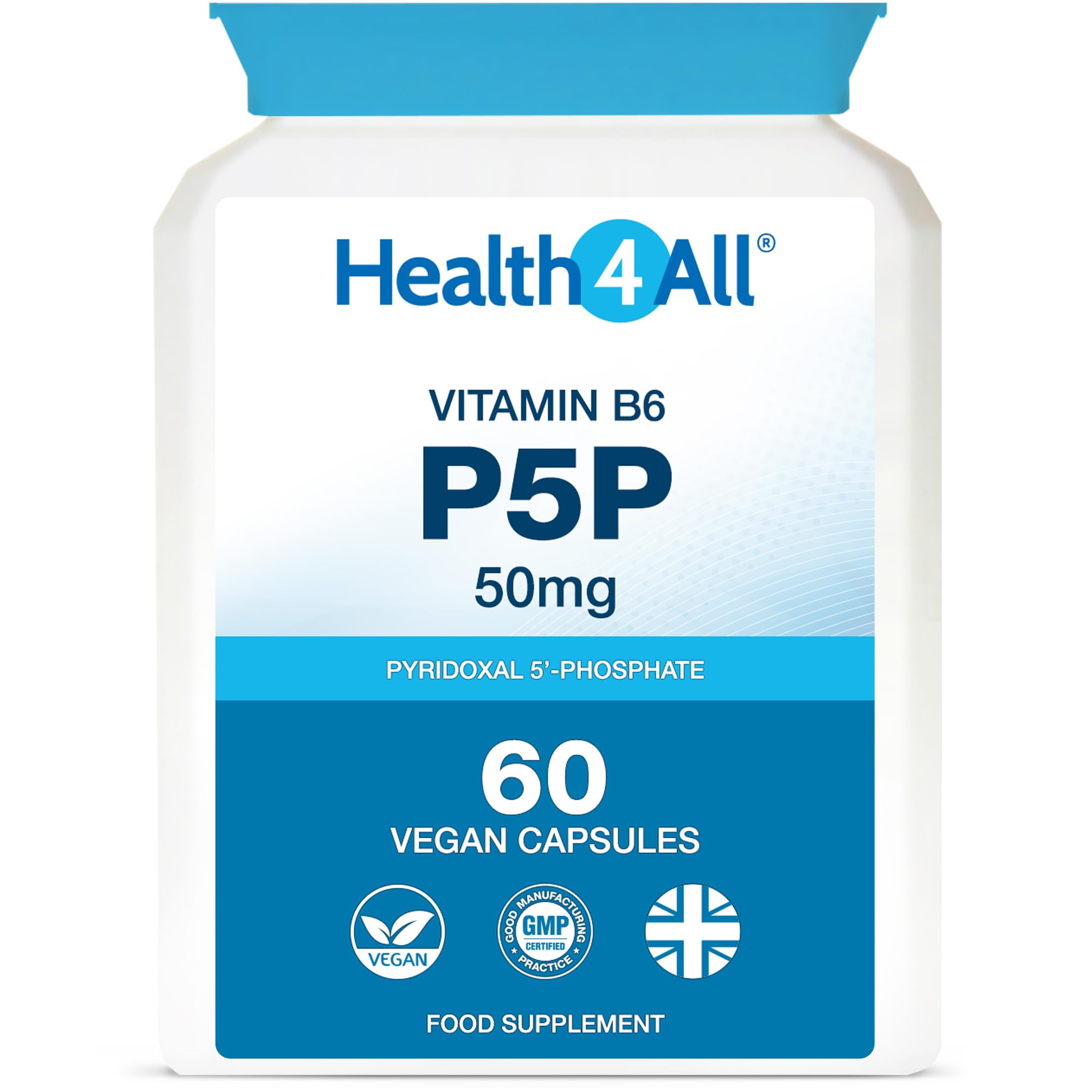 P5P 50mg Activated Vitamin B6 with Magnesium Citrate for Tiredness & Fatigue - 60 Capsules 2 Month Supply - Pyridoxal 5'-Phosphate - Vegan VitB6 Supplement - Made in UK by Health4All