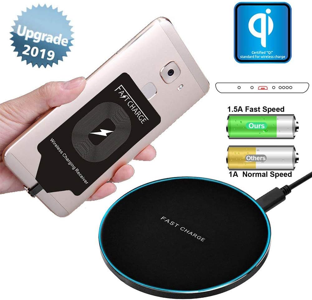 Qi Fast Wireless Charger Pad Station with Charging Receiver Adapter Card Kit Applicable for Micro USB Samsung Galaxy J7 Pro S4 S3 Note 4 A7 A5 A3 LG G4 Stylo 3 2 Plus V10 K7 Q6 X Moto G6 Paly G5