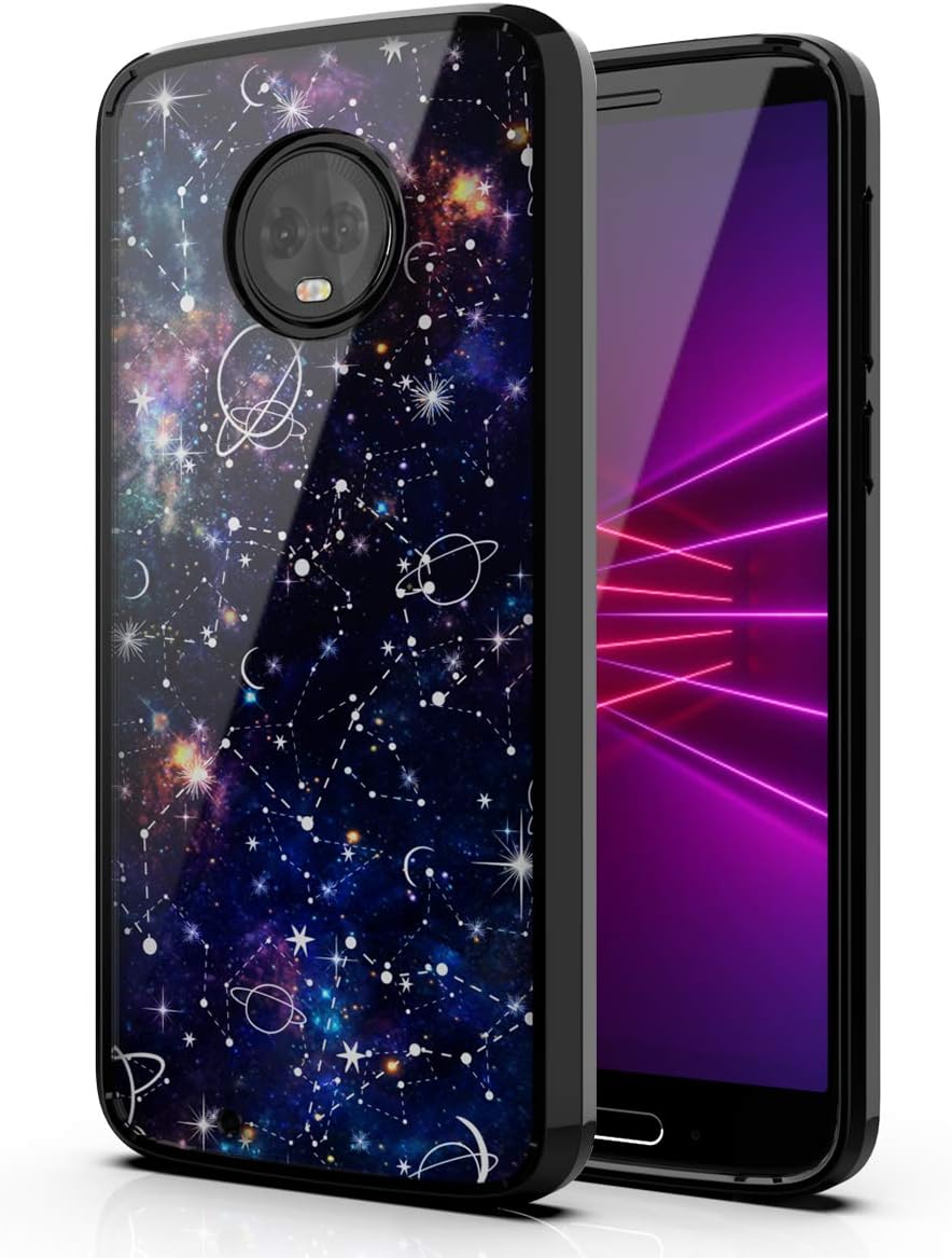 PBRO Moto G6 Case,Moto G (6th Generation) Case,Cute Universe Constellat Tempered Glass Back Cover Hybrid Scratch-Resistant Soft TPU Protective Anti-Scratch Shockproof Case for Motorola G6 2018,Black