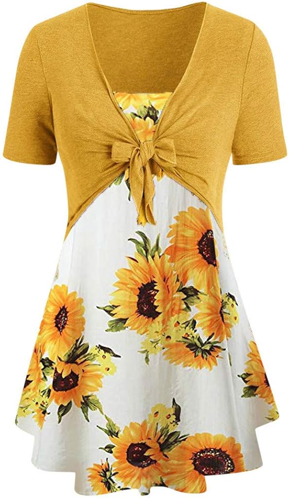 Xinantime Womens Knot Bandage Top Sunflower Print Vest Shirt Tank Blouse Tunic Suit