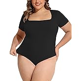 FOREYOND Plus Size Bodysuits for Women Short Sleeves Square Neck Body Suit Tops Casual Basic Slim Fit Shirts Leotards