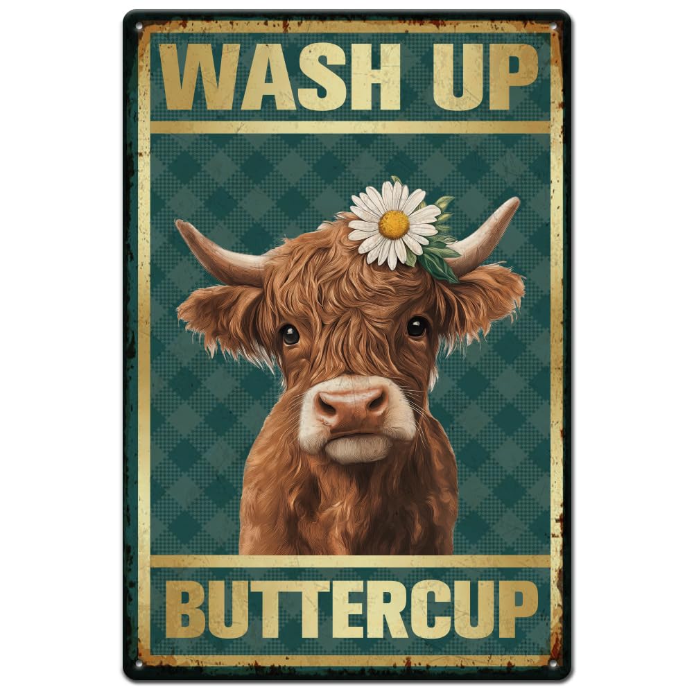 SUPERDANT Highland Cow Metal Sign, Vintage Cow and Flower Poster, Retro Metal Sign for Bathroom Bathroom Kitchen Home Retro Decor