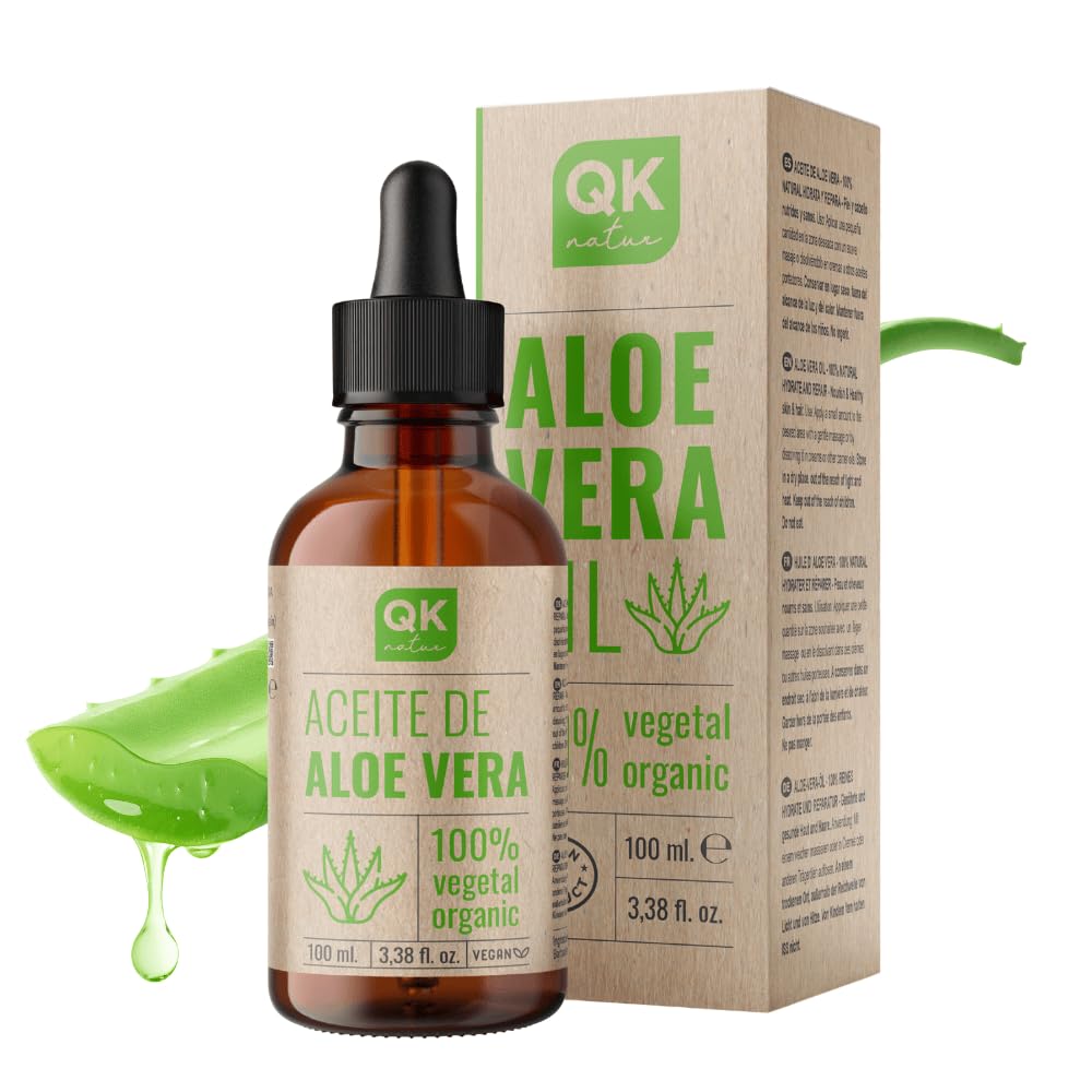 QKnatur - ALOE VERA OIL - Pure, Natural and Organic - 100 ml glass bottle + pump - Intensive Care for Face, Body, Hair and Eye Contour