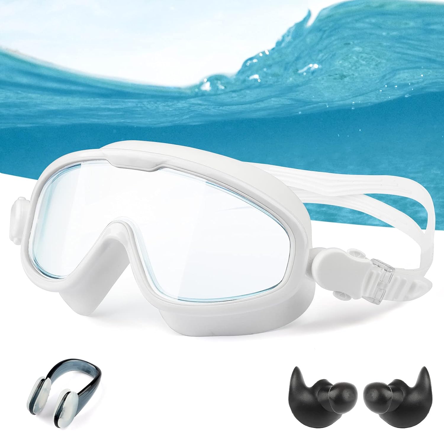 SUPEEC スイミングゴーグル 水泳ゴーグル 水中メガネ フィットネス UVカット 曇り防止 柔らかいシリコン クッションタイプ 広い視野 ユニセックス 3点セット (クリア＆ホワイト)