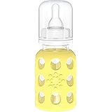 THERMOS Lifefactory Glass Baby Bottle with Stage 1 Nipple and Protective Silicone Sleeve Banana 4 Oz