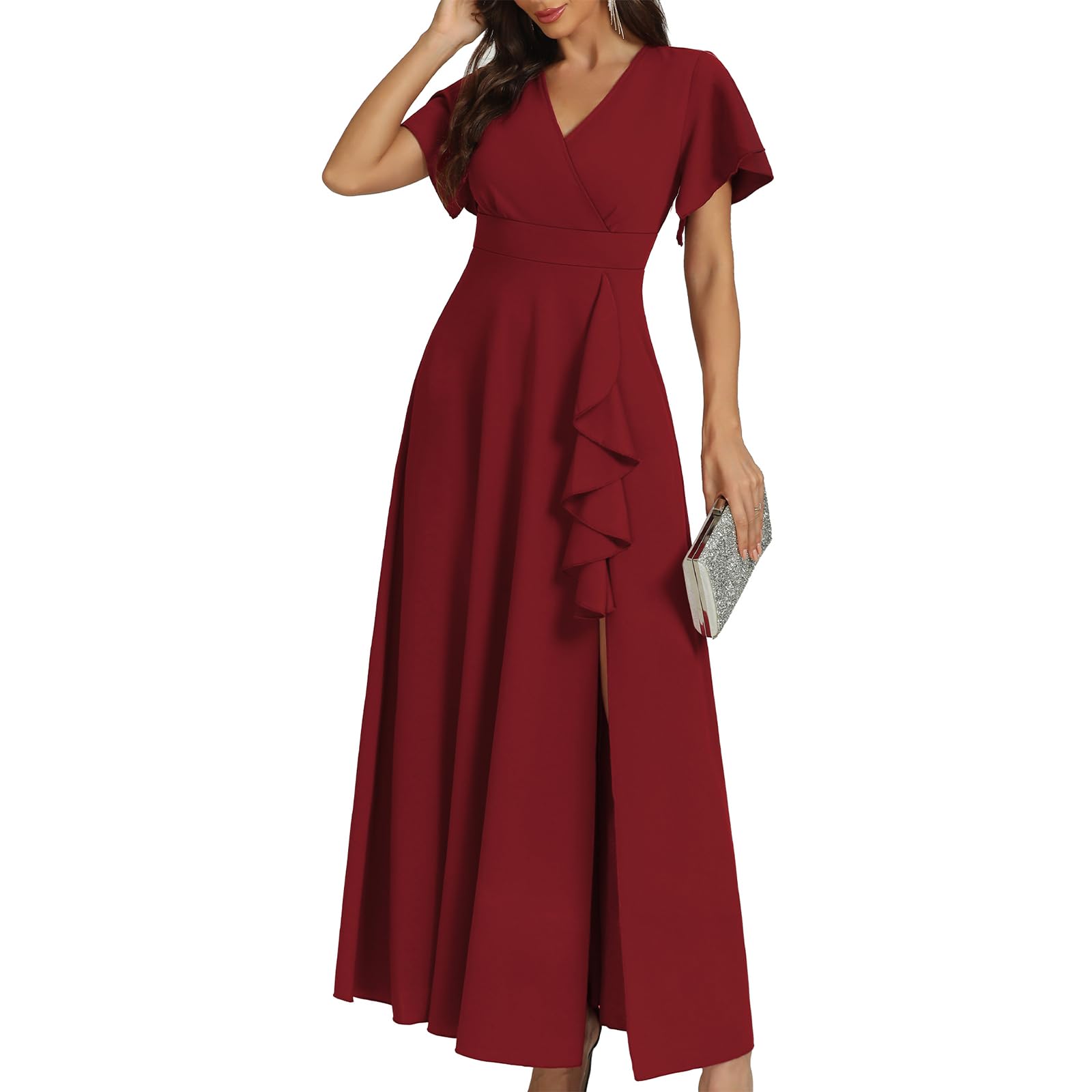 Photo 1 of COOAN Women's Black Long Formal Dresses Cocktail Wedding Guest Dress Ruffle Split Elegant V Neck Party Gowns
