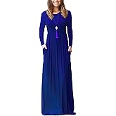 GRECERELLE Women Long Sleeve Casual Round Neck Loose Solid Floral Maxi Long Dress with Pockets, S-3XL