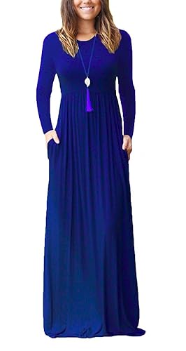 GRECERELLE Women Long Sleeve Casual Round Neck Loose Solid Floral Maxi Long  Dress with Pockets, S-3XL in Dubai - UAE | Whizz Casual