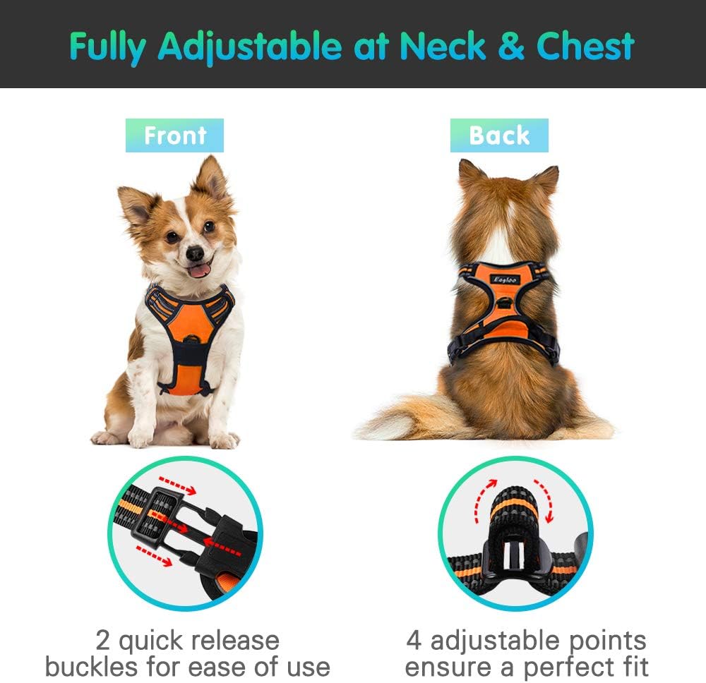 Eagloo Dog Harness No Pull, Walking Pet Harness with 2 Metal Rings and Handle Adjustable Reflective Breathable Oxford Soft Vest Easy Control Front Clip Harness Outdoor for Large Dogs Orange : Pet Supplies