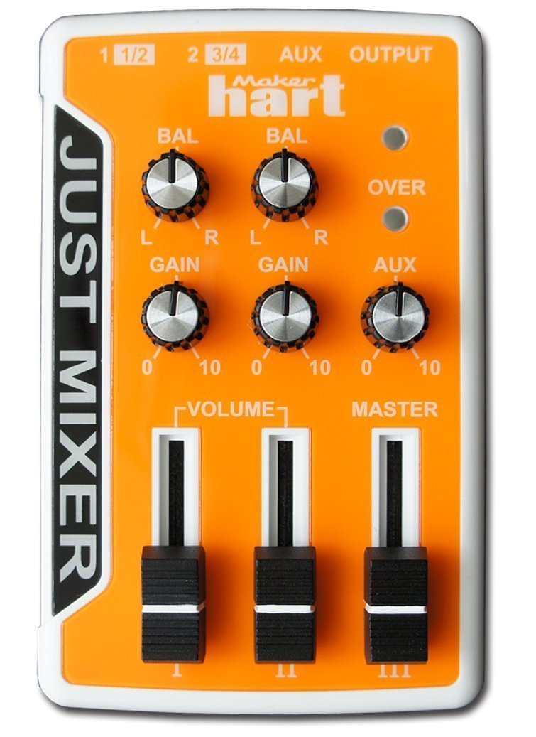 JUST MIXER Audio/DJ Mixer - Battery/USB Powered Portable Pocket Audio Mixer w/ 3 Stereo Channels (3.5mm) Plus On/Off Switch (Orange)
