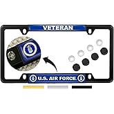 [Officially Licensed Product] - USAF - U.S. Air Force Veteran - Domed Custom-Made Personalized Narrow (Thin) Top 4 Hole Metal Car License Plate Frame with Free caps - Black Frame (Qty: 1)