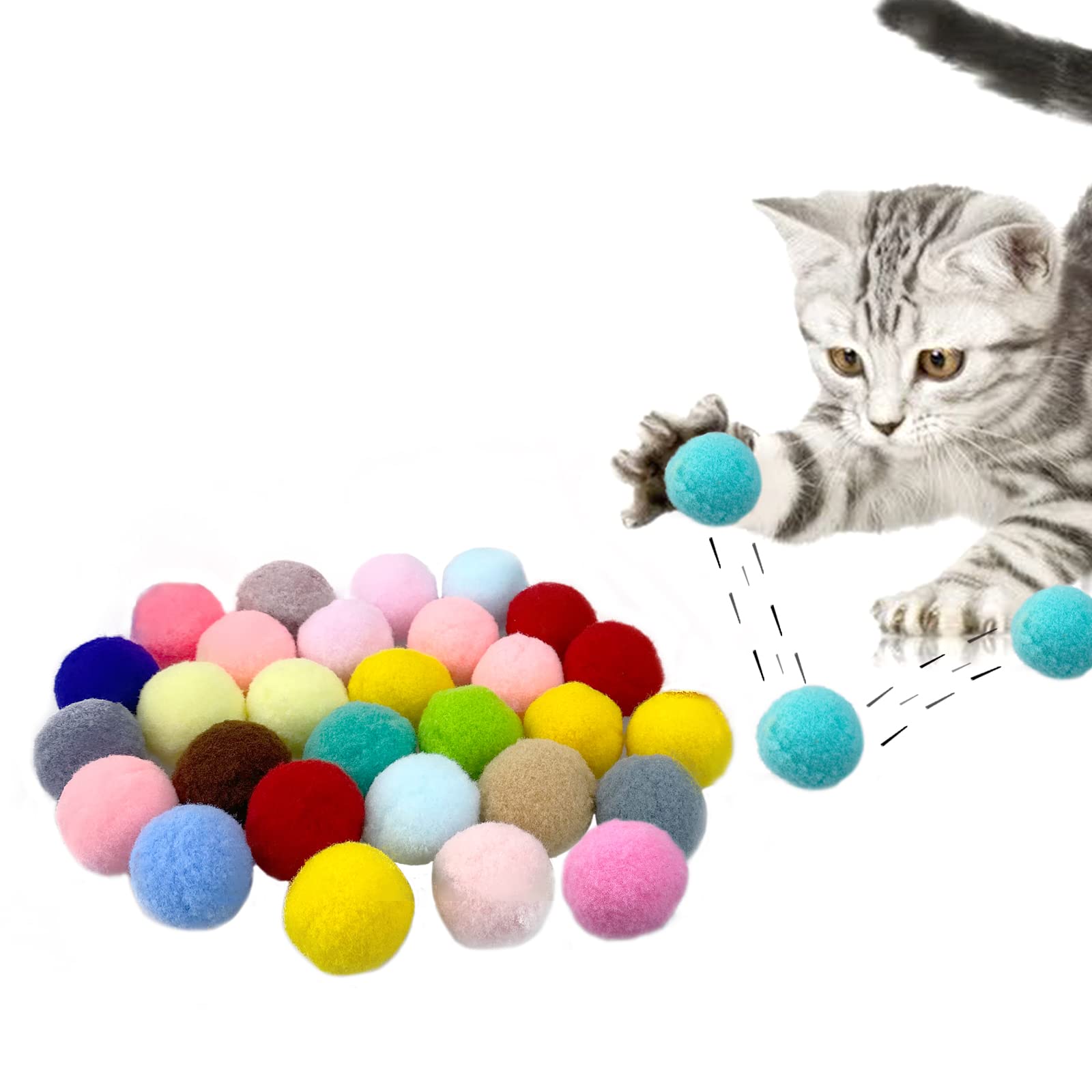 Andiker Cat Pompom Balls, 30pcs Cat's Ball Toys 1.2 Inches Colorful Kitten Pom Pom Balls Lightweight Indoor Kitten Interactive Playing Quiet Ball Cat Toys for Indoor Cats to Do More Exercise (2.5cm)