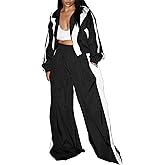 Ecirod Womens Color Block Sweatsuit Set 2 Piece Outfits Zip Up Sweatshirt High Waisted Wide Leg Pants with Pockets