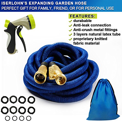 Iserlohn 50ft Expandable Garden Hose with 8 Pattern Spray Nozzle and 12 Pack Washer, Water Hose with Triple Layer Latex Core, Solid Brass Connector, Blue