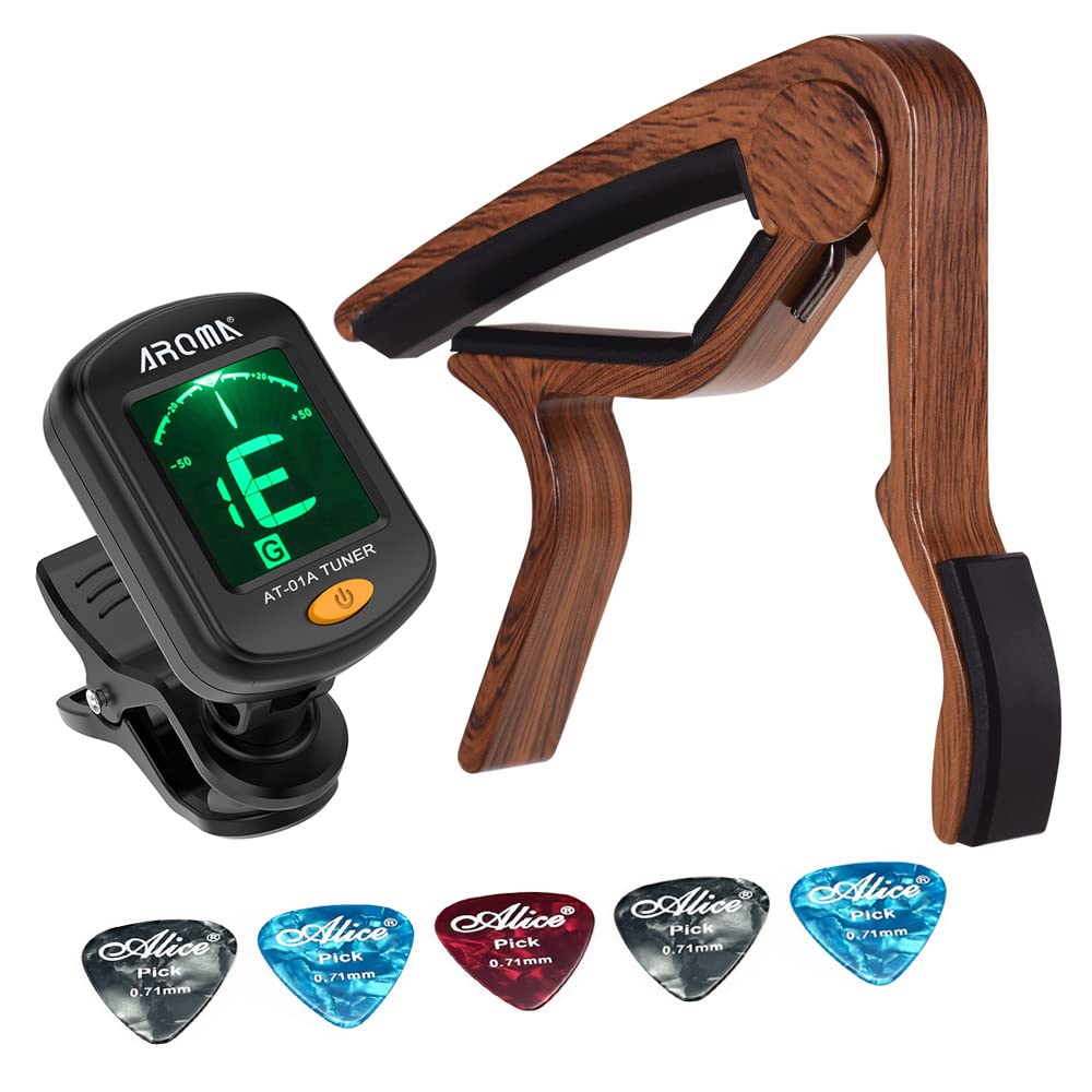 Heysland Guitar Tuner Clip-on LCD Display Tuner Guitar Capo with Rosewood Finish Capo 5 PCS Celluloid Picks for Acoustic Electric Guitar Chromatic