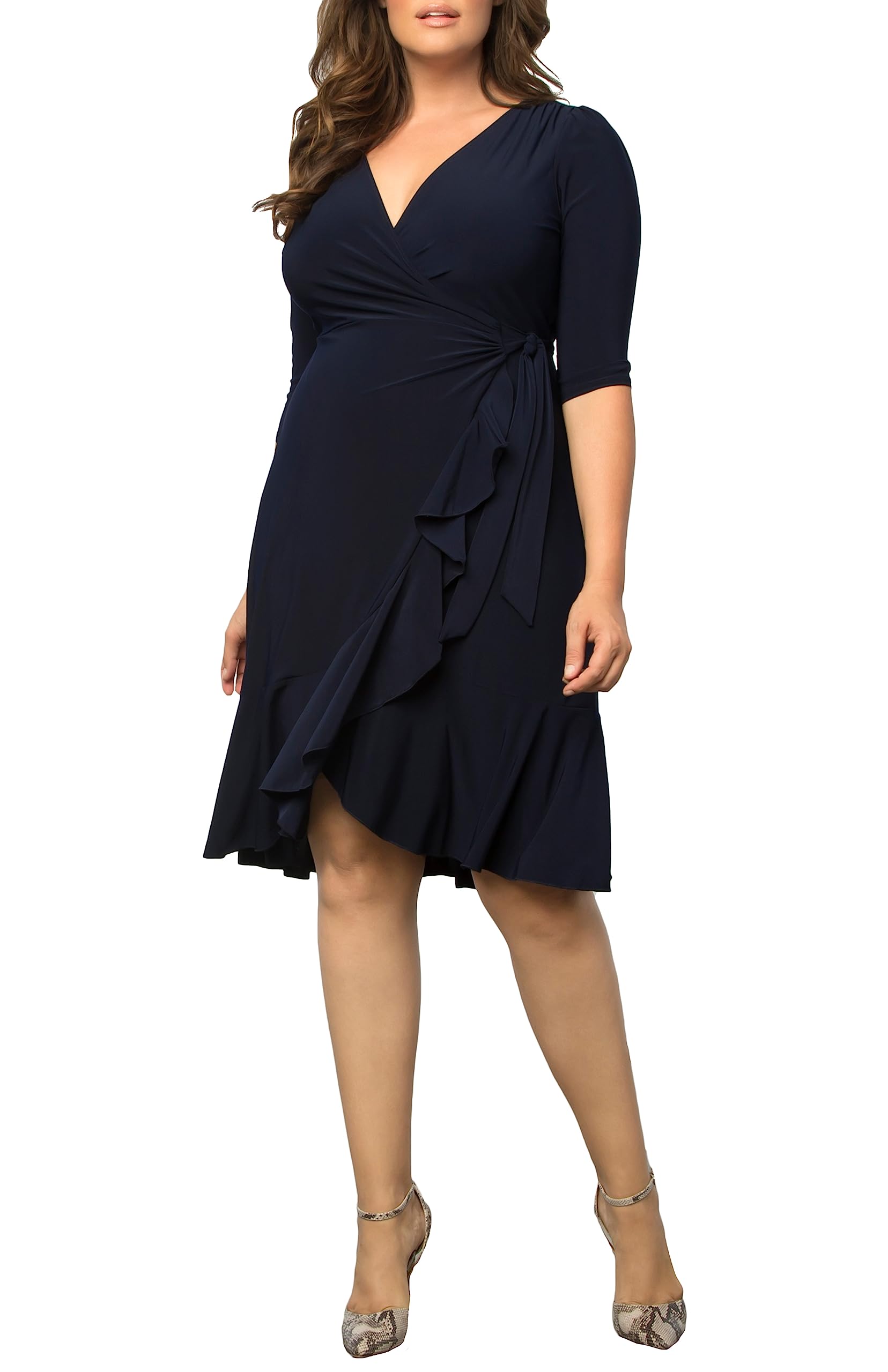 Photo 1 of Kiyonna Plus Size Whimsy Ruffled Midi Wrap Dress with Sleeves, Wrap Around Style for Cocktail, Party, Wedding Guest or Work, Navy Blue Size 2X (18-20)