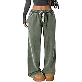 Gihuo Womens Baggy Sweatpants Wide Leg Palazzo Pants Acid Wash Cotton Pants Drawstring Athletic Jogger with Pockets