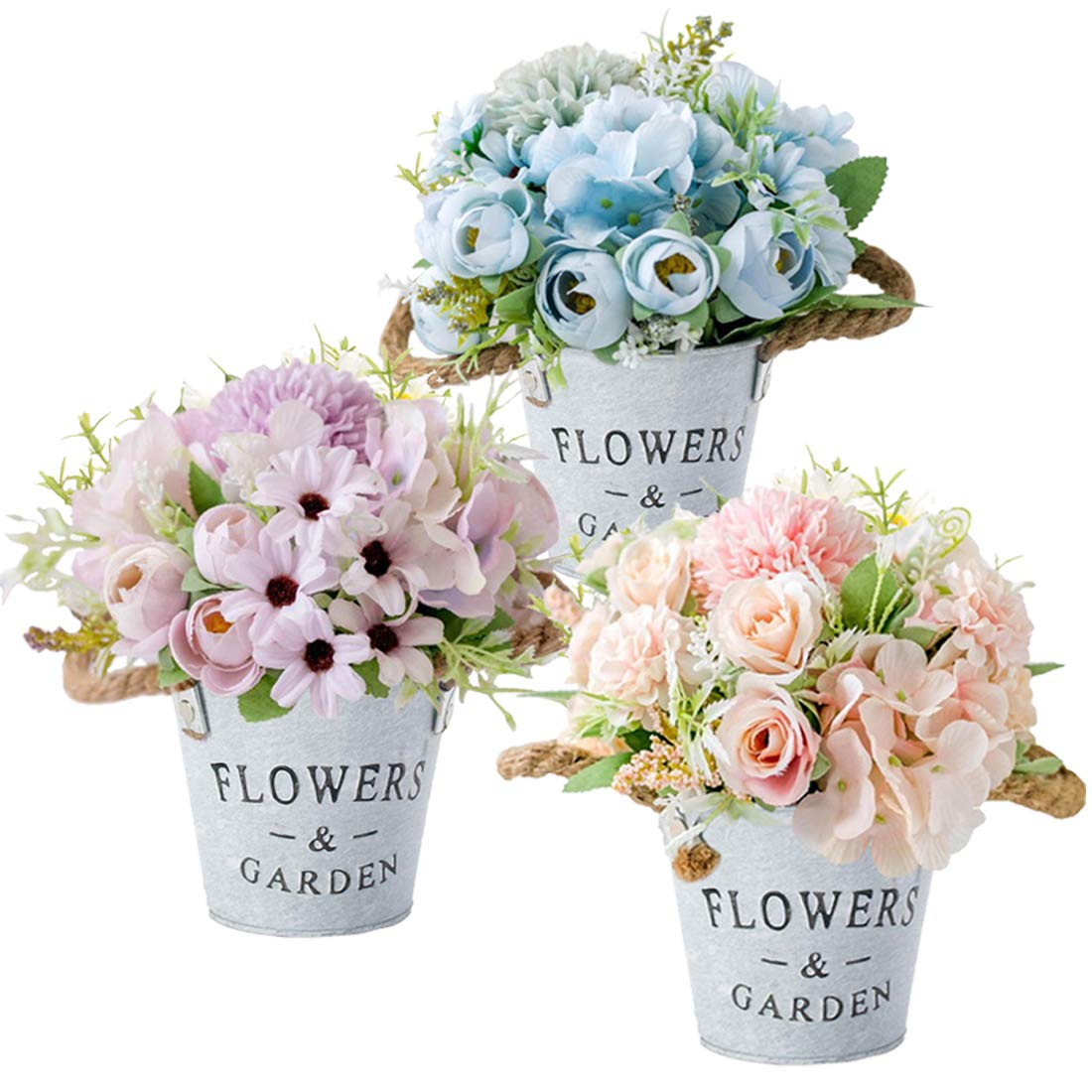 HOTLIKE Artificial Flowers Plants Set of 3, Fake Plants With Metal Pot, Indoor and Outdoor Mini Artificial Potted Plant, Perfect Decoration Gift for House Office Desk Kitchen Wedding (Rose 2)