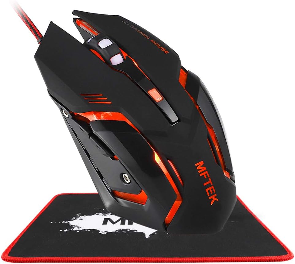 MFTEK Gaming Mouse USB Wired, 6 Programmable Buttons, 4 LED Backlit Color Adjustable DPI, Ergonomic Optical Gaming Mice with Customized Mouse Pad for Laptop PC Computer Gamer