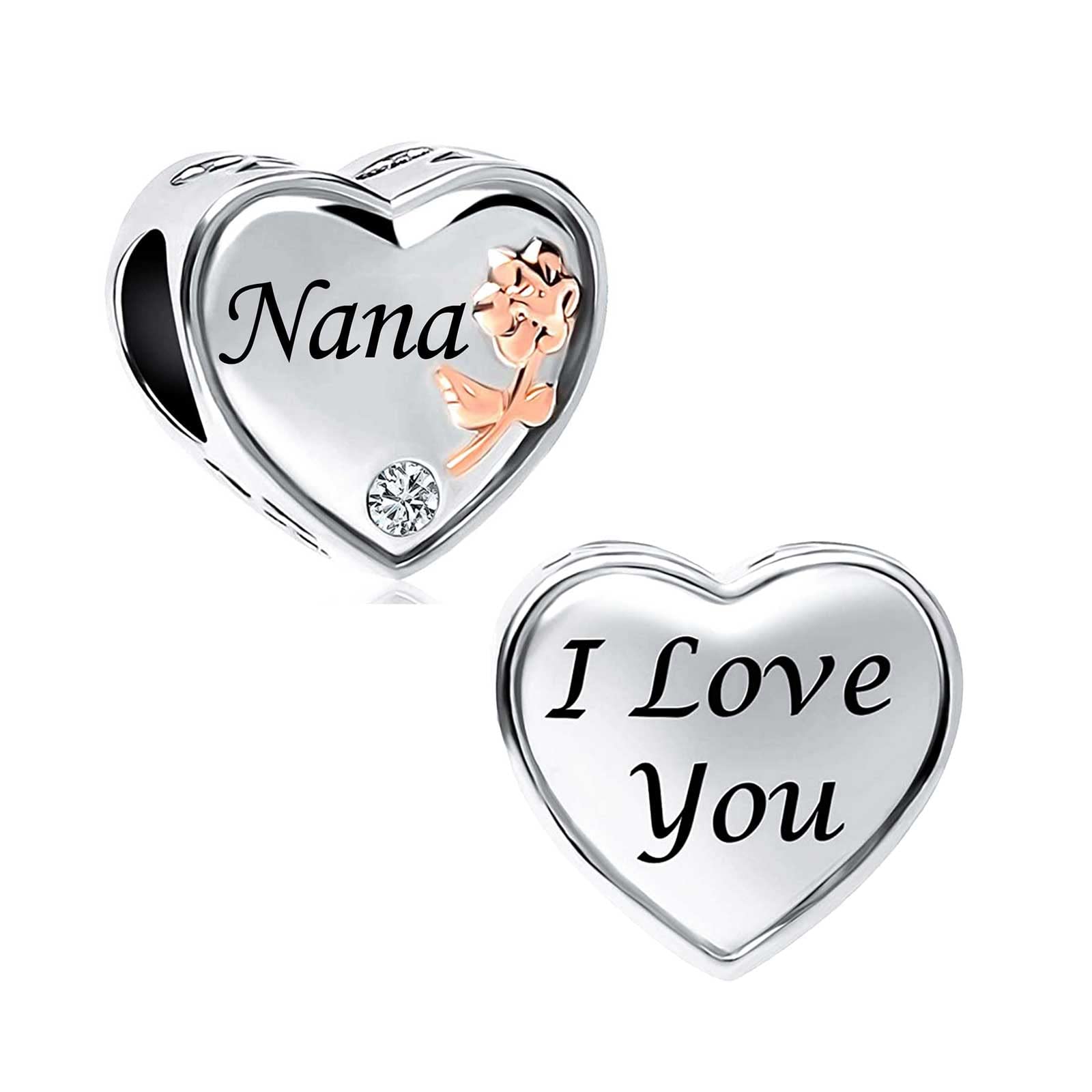 KunBead Jewelry Nana Nanny Nan Grandma Cheap Rose Heart I Love You Birthday Bead Charms Compatible with Pandora Bracelets Gift from Granddaughter Grandson