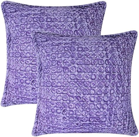 Ideal Textiles Set of 2 Oregon Stonewash Cushion Covers, Pair of 100% Cotton Stone Washed Cushion Covers, Modern Woven Waffle Design, 18" x 18", 45cm x 45cm, Heather, Purple Lilac
