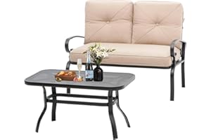 Oakcloud Outdoor 2 Pcs Patio Loveseat Bench Metal Frame Furniture Set with Thick Cushions and Coffee Table, Wrought Iron Look (Brown)
