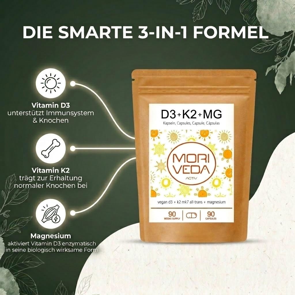 MoriVeda 90 Vitamin D3 K2 Magnesium Wochendepot Kapseln – 7000 I.E. D3 + 200 µg K2 MK7 + 175 mg Mg – Vegan, aus Flechten & Natto 2
